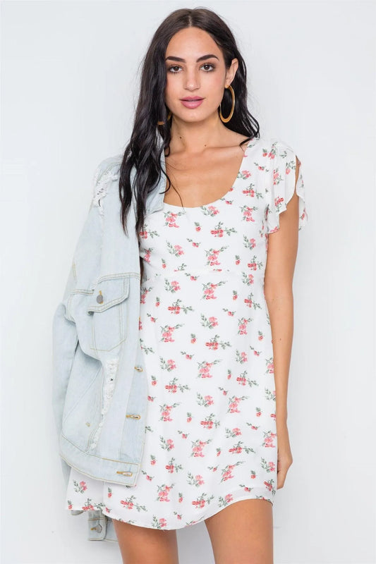 Multi Ivory Floral Print Flounce Sleeves Mini Dress /3-2-1 - Tasha Apparel Wholesale