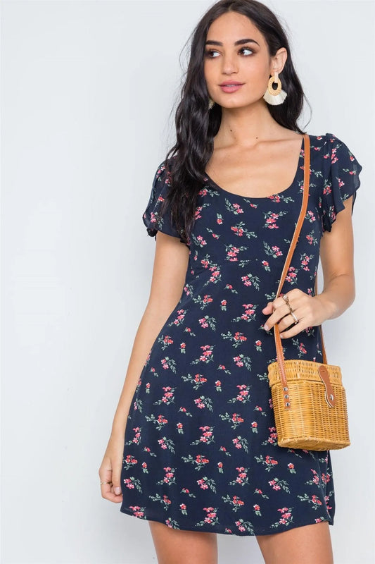 Multi Navy Floral Print Flounce Sleeves Mini Dress /3-2-1 - Tasha Apparel Wholesale