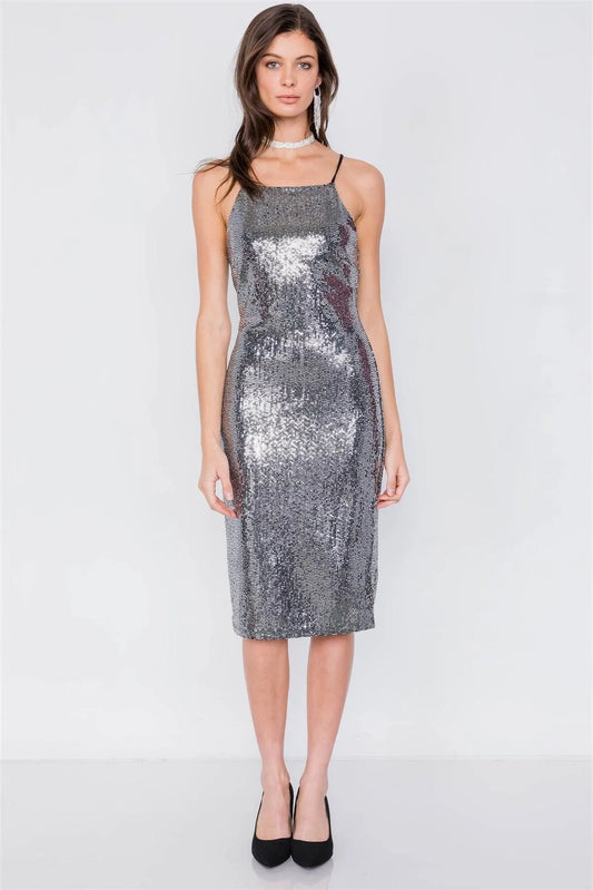 Silver & Black Sequin Square Neck Lace-Up Back Party Dress /2-2-2 - Tasha Apparel Wholesale