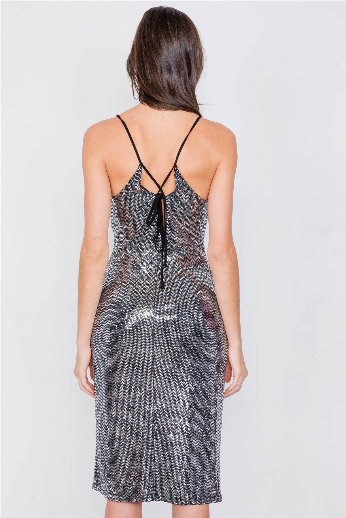 Silver & Black Sequin Square Neck Lace-Up Back Party Dress