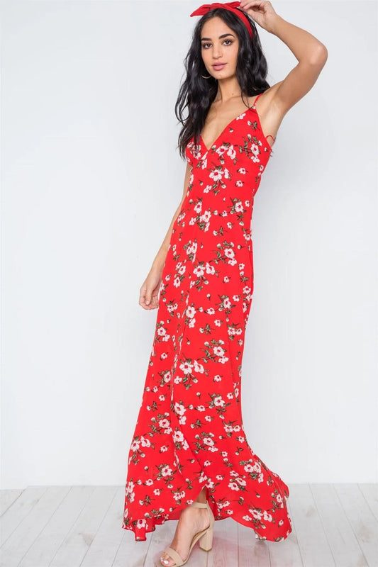 Red Floral Print Front Slit Lace Up Maxi Dress /2-3-2 - Tasha Apparel Wholesale