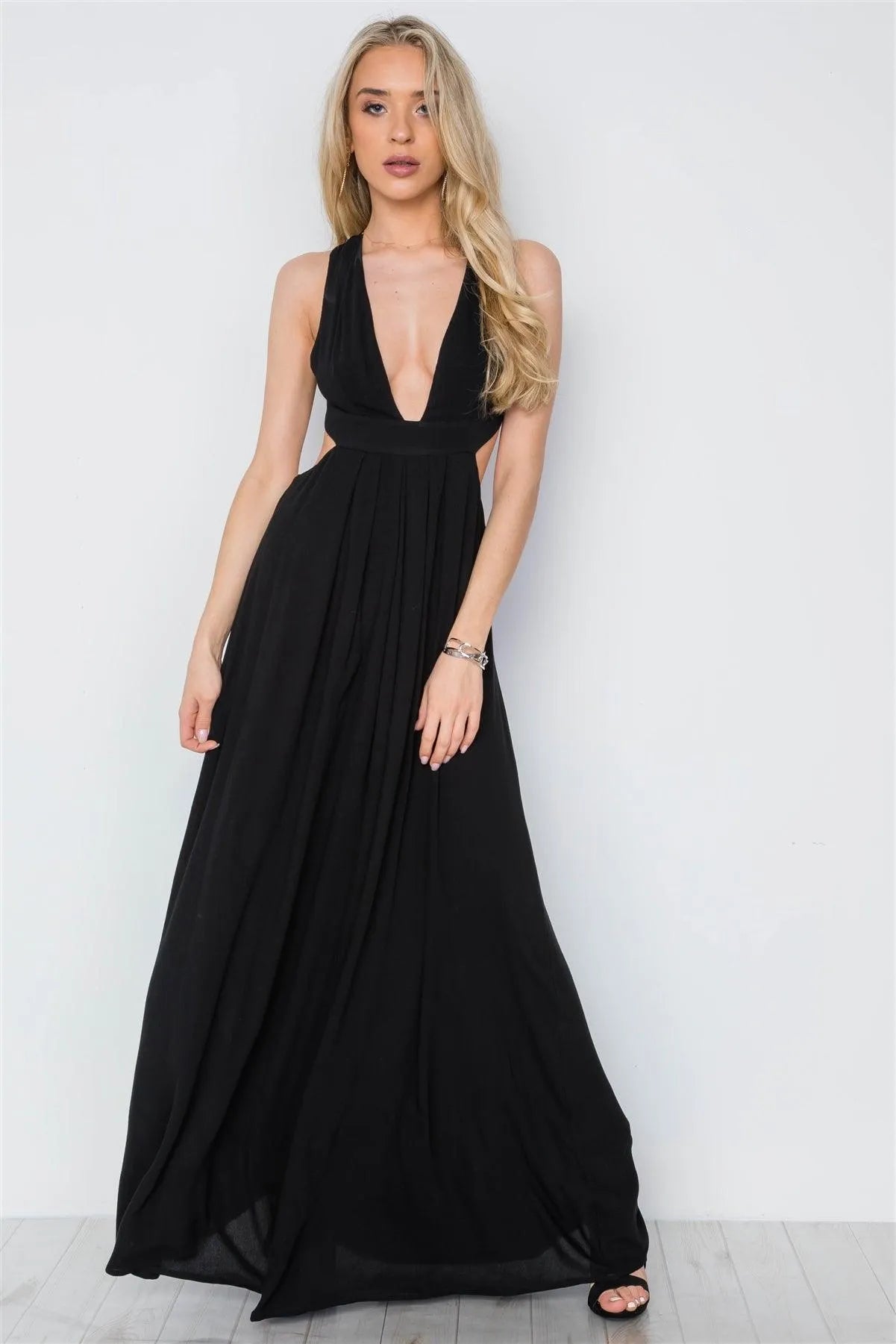 Black Solid Deep V-Neck Open Back Maxi Dress /3-2-1 - Tasha Apparel Wholesale