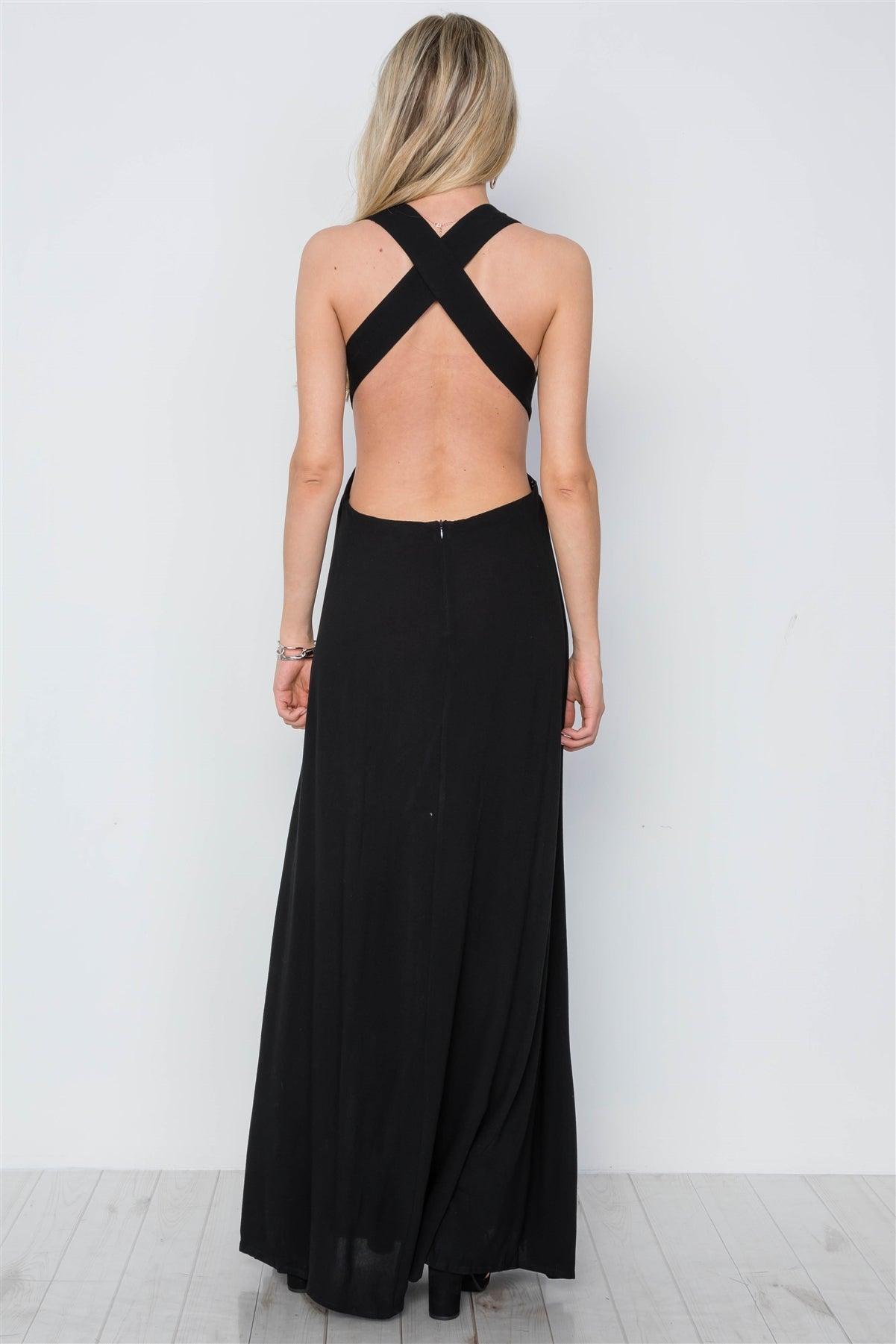 Black Solid Deep V-Neck Open Back Maxi Dress /3-2-1
