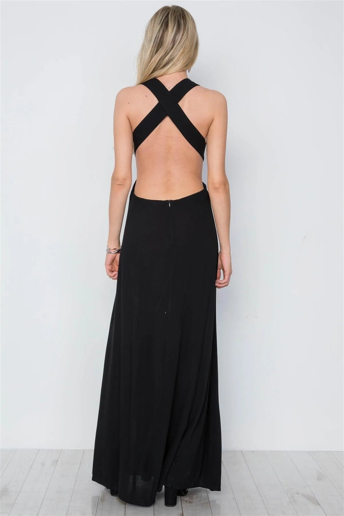Black Solid Deep V-Neck Open Back Maxi Dress /3-2-1 - Tasha Apparel Wholesale