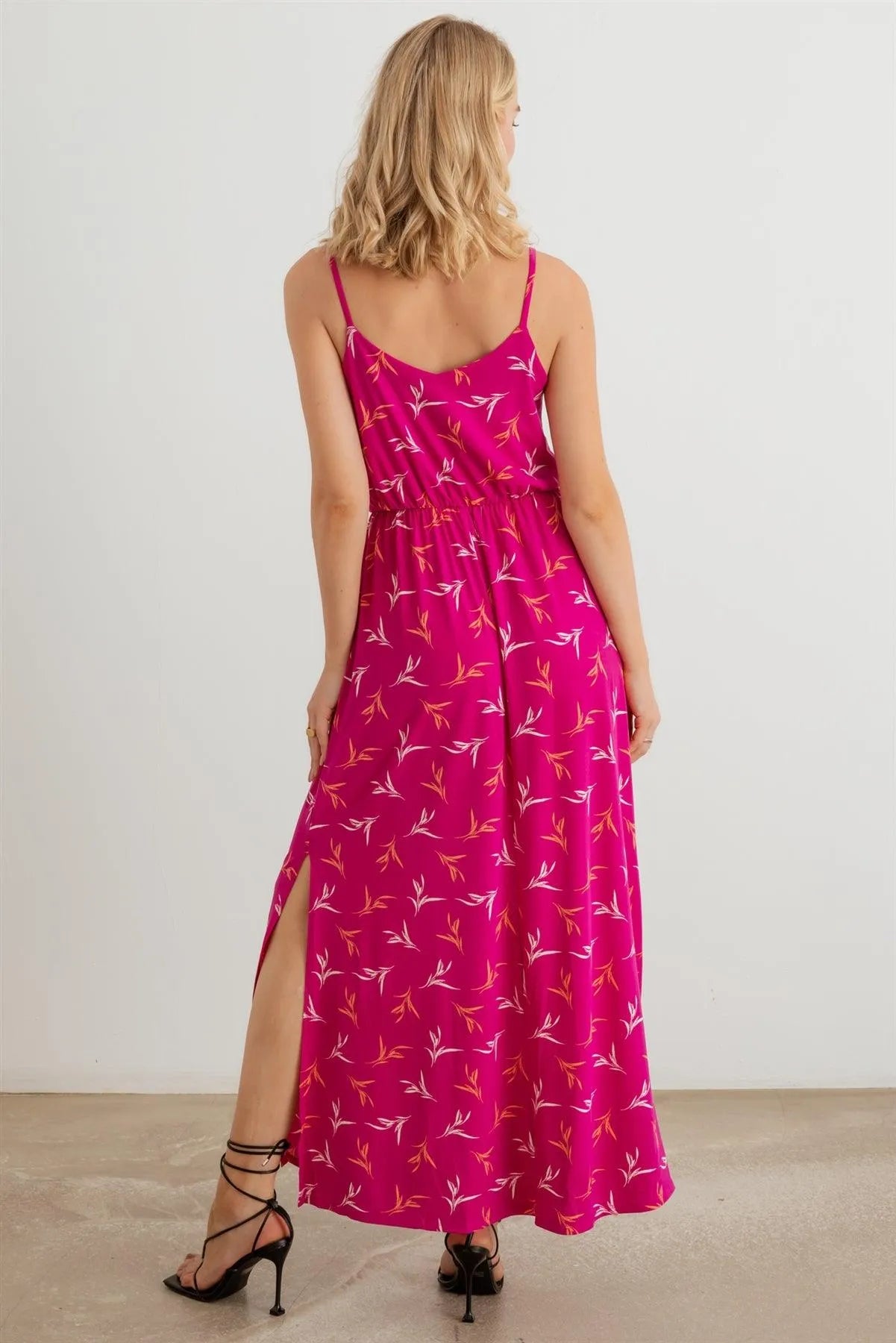 Leaf Print Sleeveless Elastic Waist Maxi Dress - Tasha Apparel Wholesale