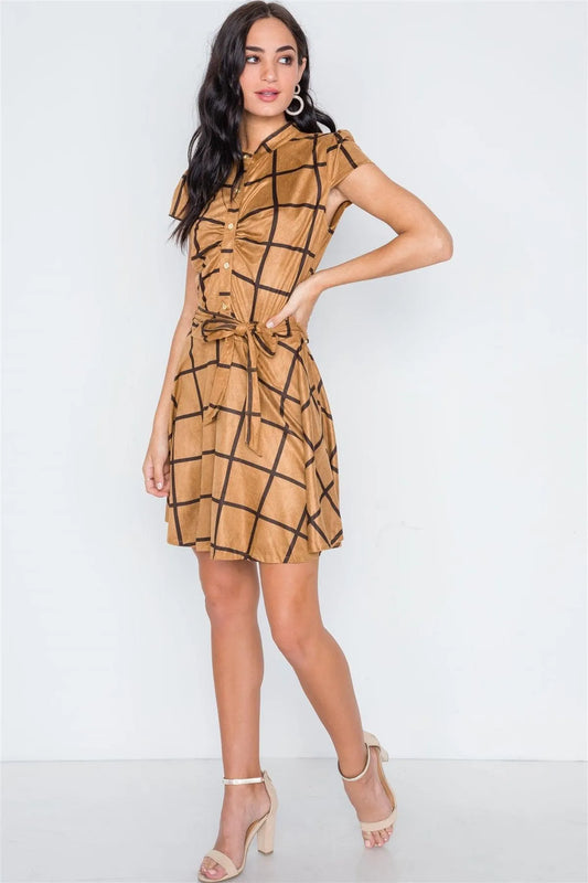 Coffee Check A-Line Faux Suede Mini Dress /2-2 - Tasha Apparel Wholesale