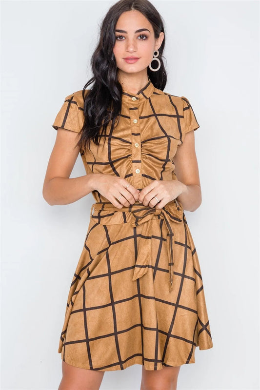 Coffee Check A-Line Faux Suede Mini Dress /2-2-2 - Tasha Apparel Wholesale