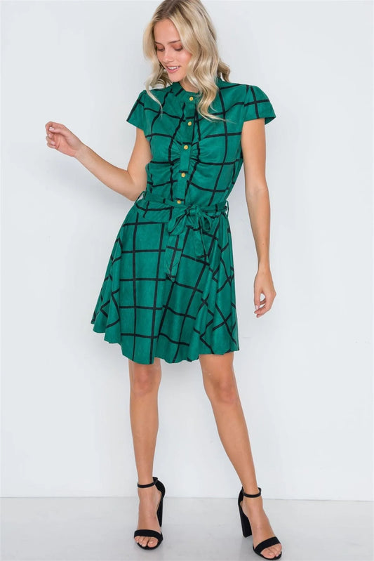 Dark Green Check A-Line Faux Suede Mini Dress /2-2 - Tasha Apparel Wholesale