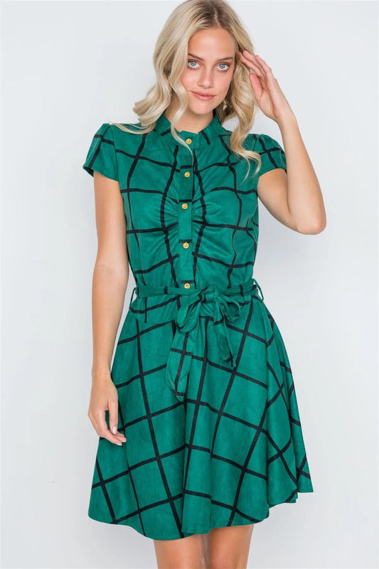 Dark Green Check A-Line Faux Suede Mini Dress /2-2-2 - Tasha Apparel Wholesale