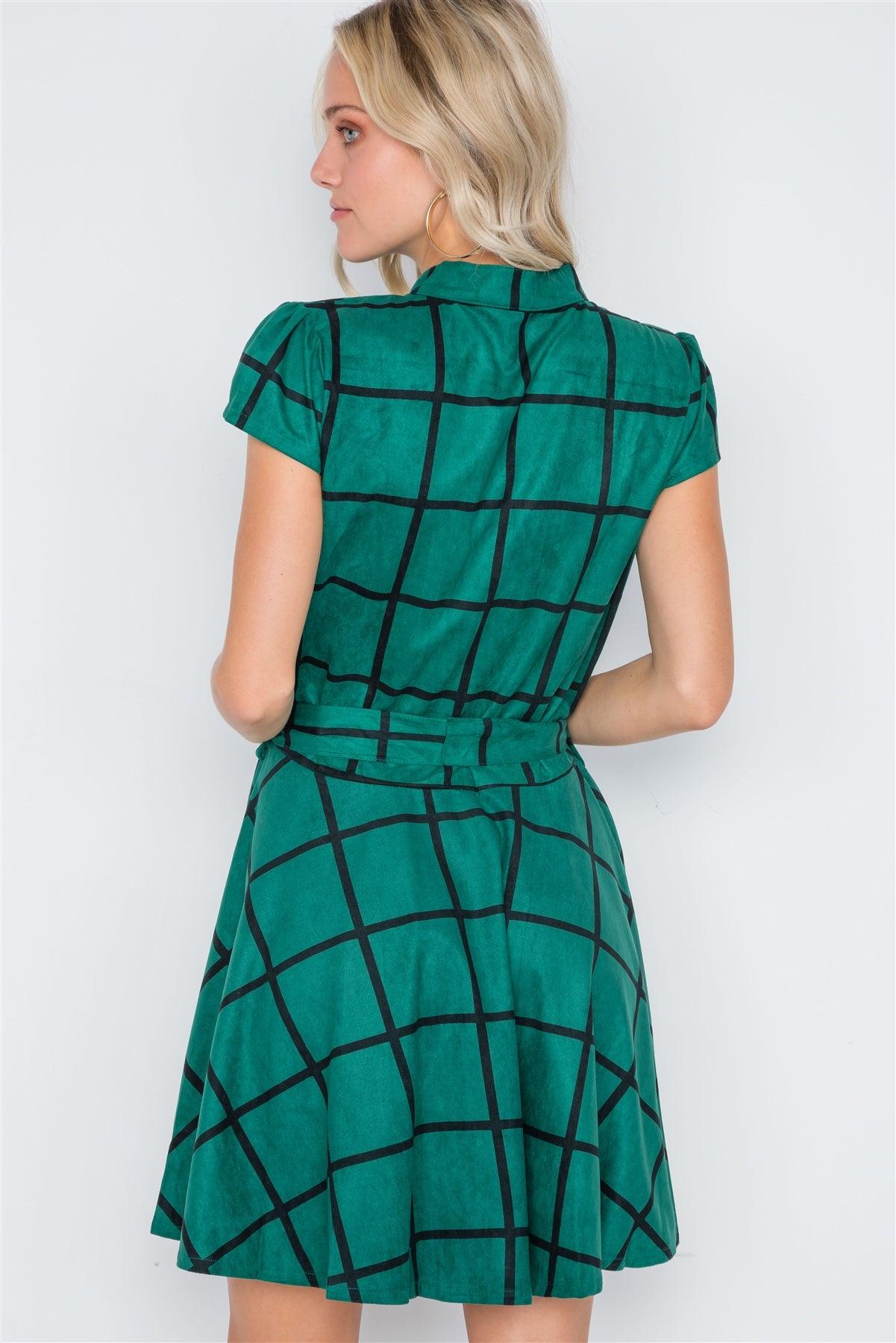 Dark Green Check A-Line Faux Suede Mini Dress /2-2-2