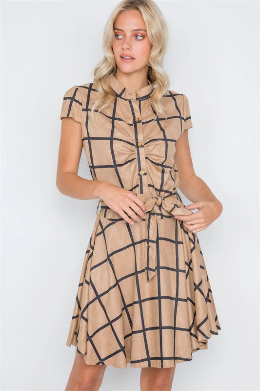 Khaki Check A-Line Faux Suede Mini Dress /2-2-2 - Tasha Apparel Wholesale