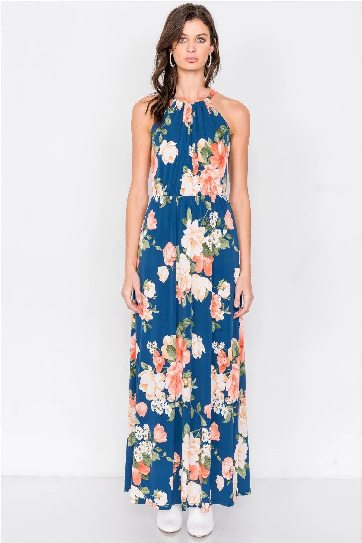 Teal Floral Tropical High Neck Midi Side Slit Casual Dress /2-2-2 - Tasha Apparel Wholesale