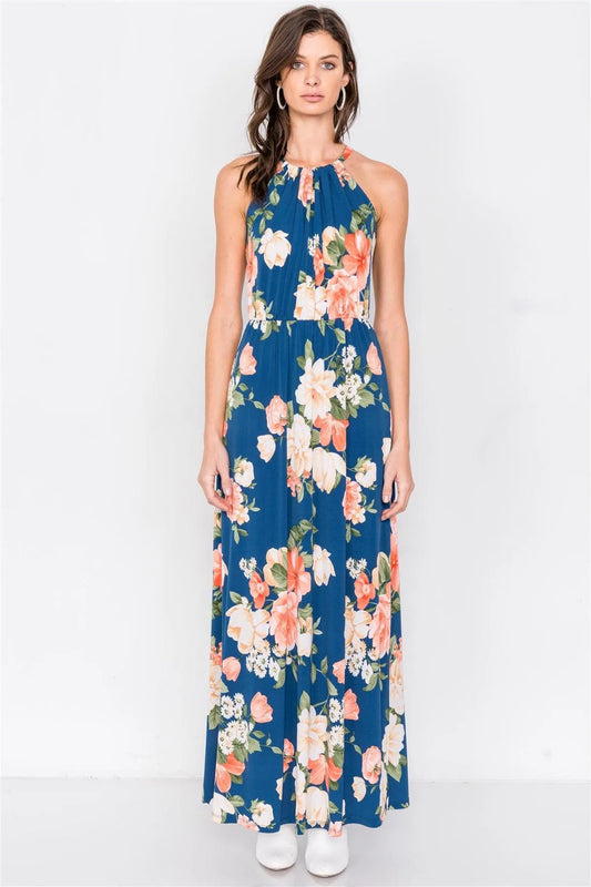 Teal Floral Tropical High Neck Midi Side Slit Casual Dress /2-2-2 - Tasha Apparel Wholesale