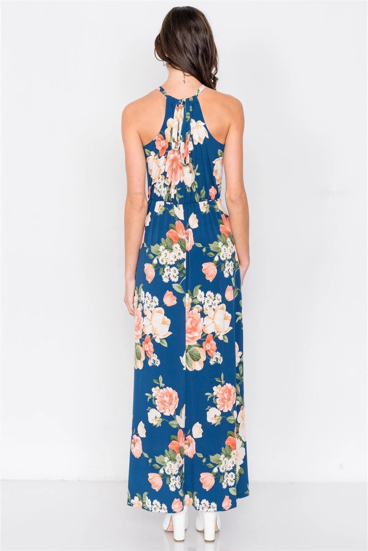 Teal Floral Tropical High Neck Midi Side Slit Casual Dress /2-2-2 - Tasha Apparel Wholesale