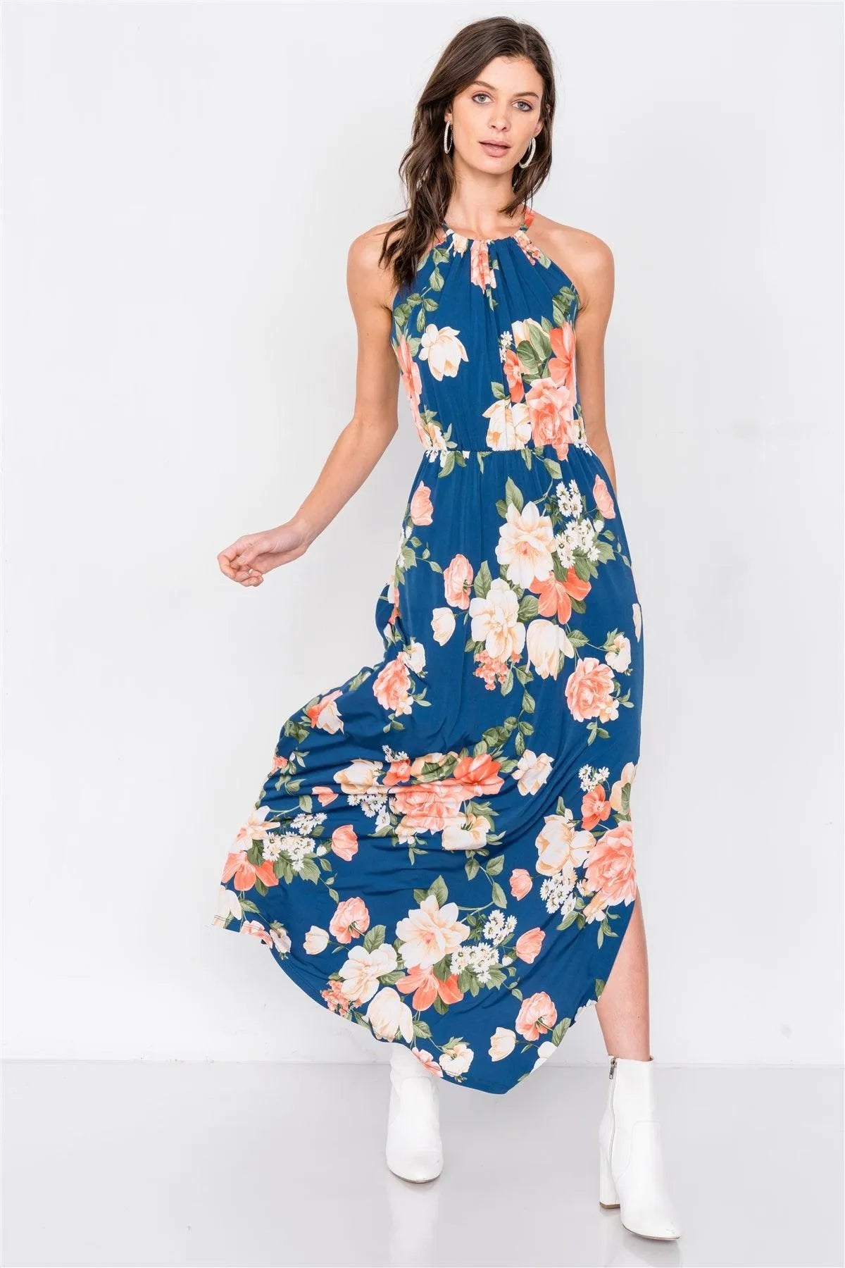Teal Floral Tropical High Neck Midi Side Slit Casual Dress /2-2-2 - Tasha Apparel Wholesale