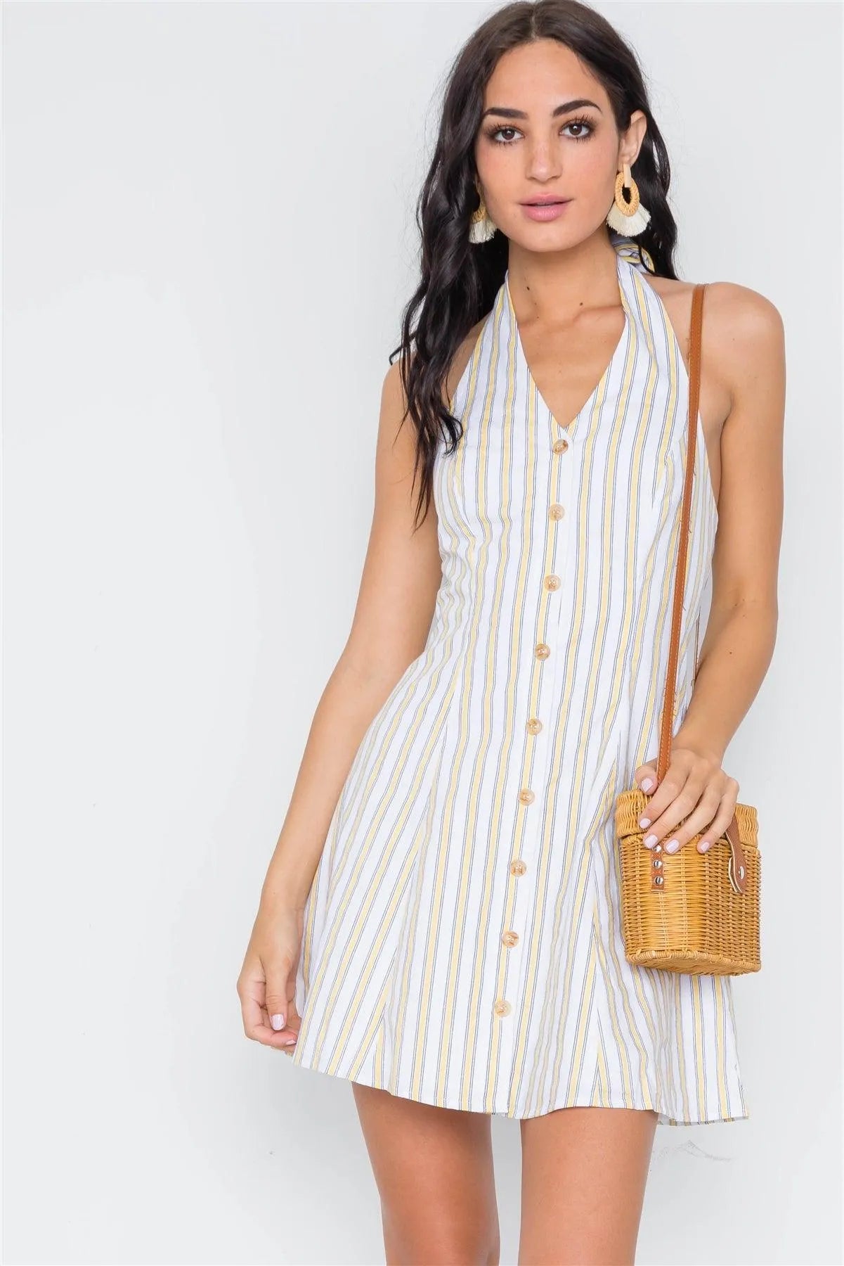 Yellow Navy Stripe Button Down Mini Dress /3-2-1 - Tasha Apparel Wholesale