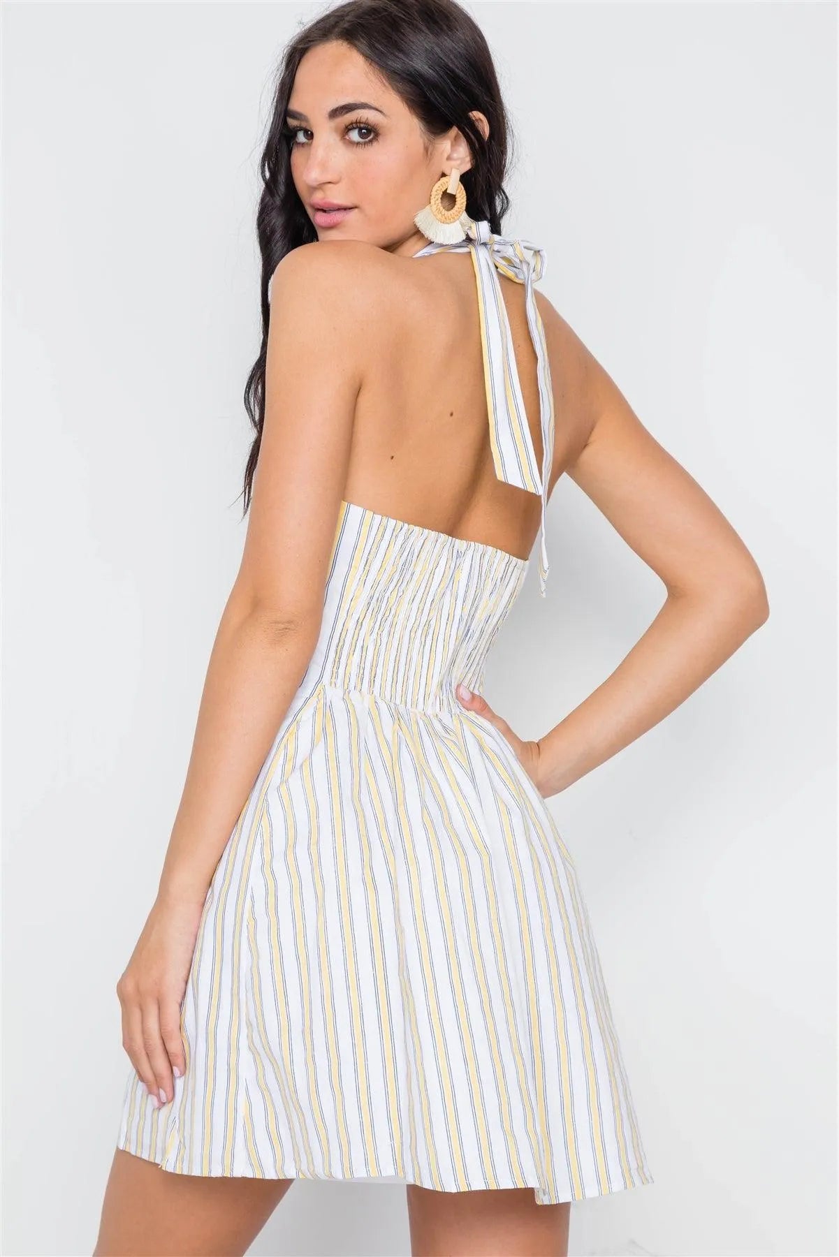 Yellow Navy Stripe Button Down Mini Dress /3-2-1 - Tasha Apparel Wholesale