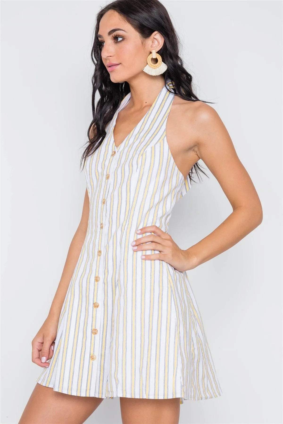 Yellow Navy Stripe Button Down Mini Dress /3-2-1 - Tasha Apparel Wholesale