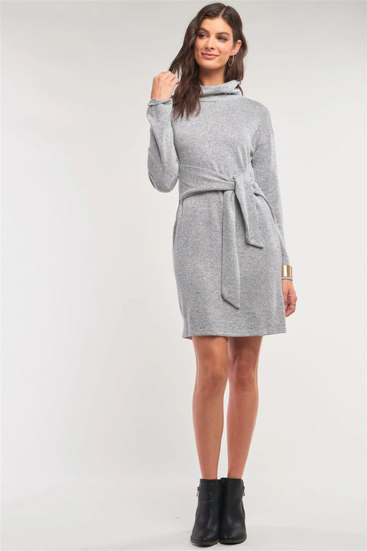 Heather Grey Knit Long Sleeve Turtleneck Self-Tie Waist Detail Mini Sweater Dress /2-2-2 - Tasha Apparel Wholesale