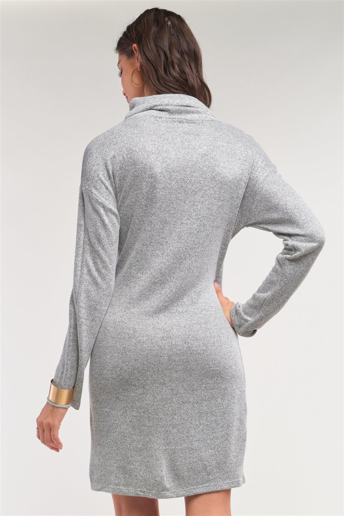 Heather Grey Knit Long Sleeve Turtleneck Self-Tie Waist Detail Mini Sweater Dress /2-2-2