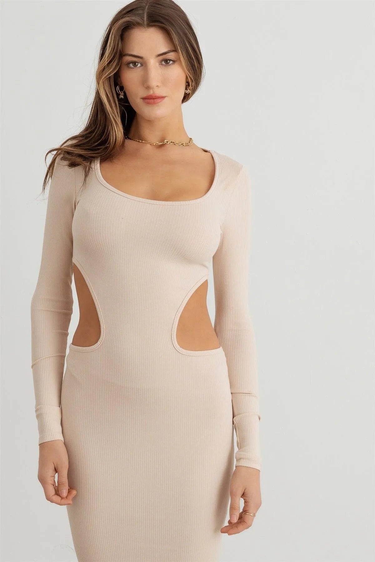 Ribbed Cut-Out Long Sleeve Midi Dress - Tasha Apparel Wholesale