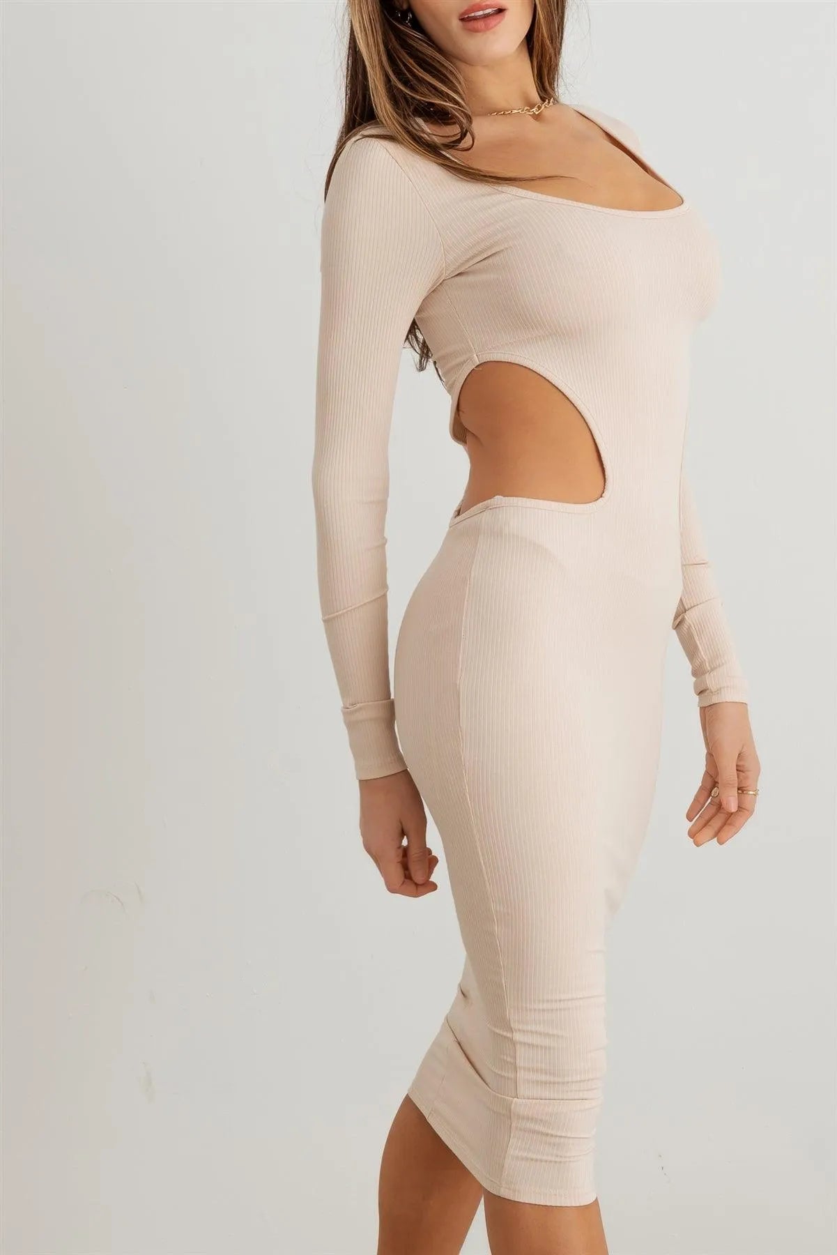 Ribbed Cut-Out Long Sleeve Midi Dress - Tasha Apparel Wholesale