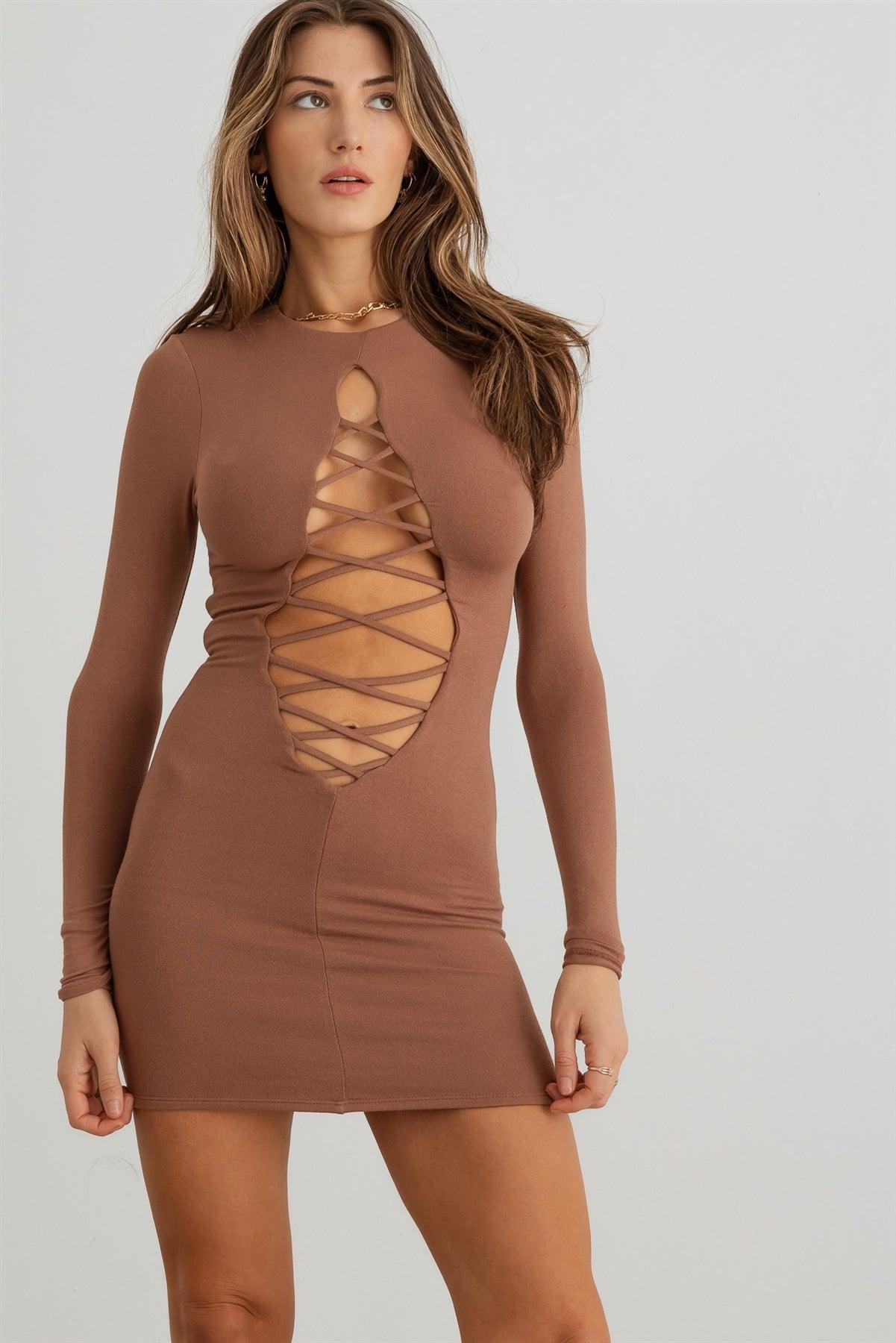 Nude Front Lace-Up Long Sleeve Mini Dress /2-2-2