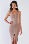 Khaki Snap Up Button Sleeveless Scoop Neck Body-Con Midi Dress /2-2-2 - Tasha Apparel Wholesale