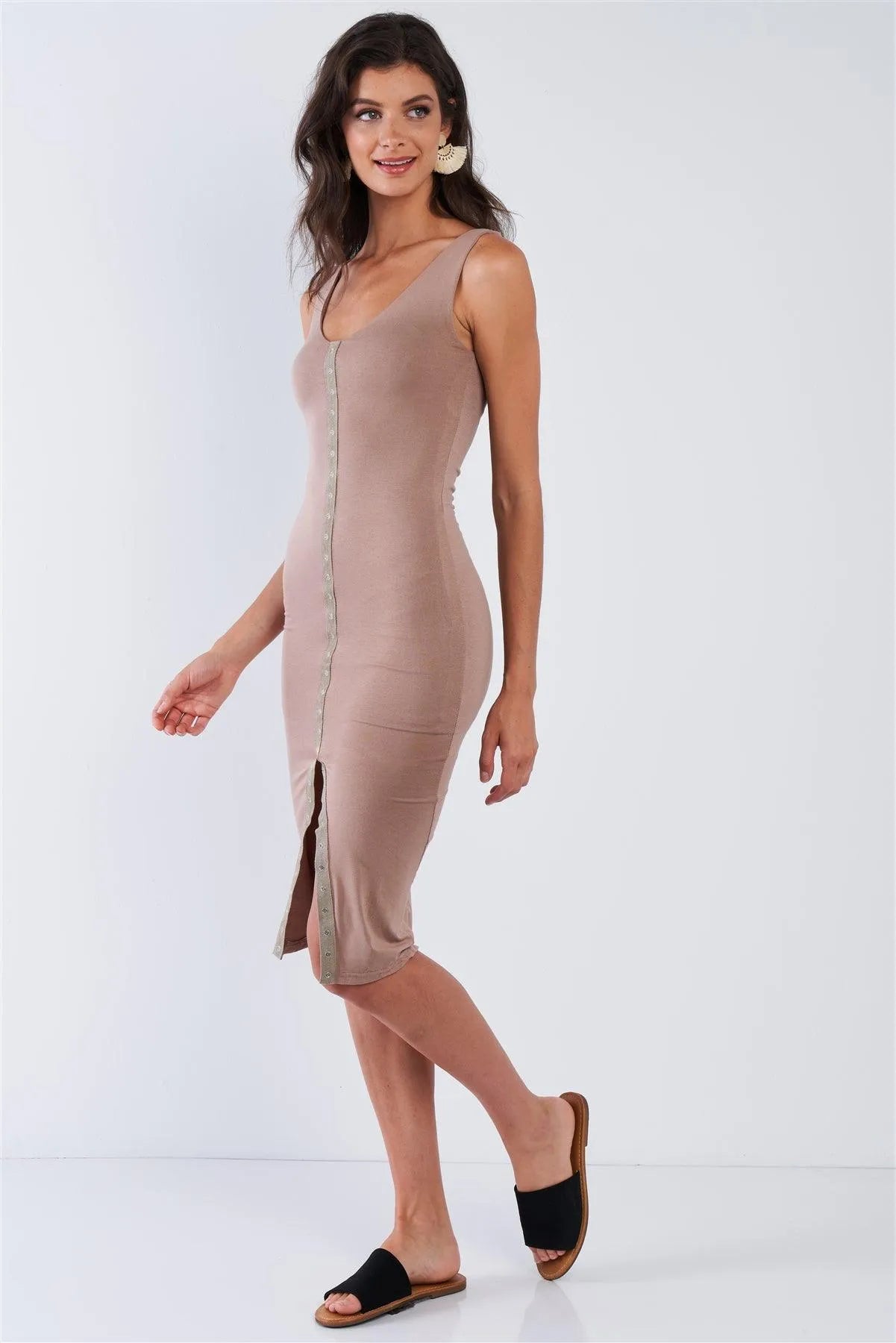 Khaki Snap Up Button Sleeveless Scoop Neck Body-Con Midi Dress /2-2-2 - Tasha Apparel Wholesale