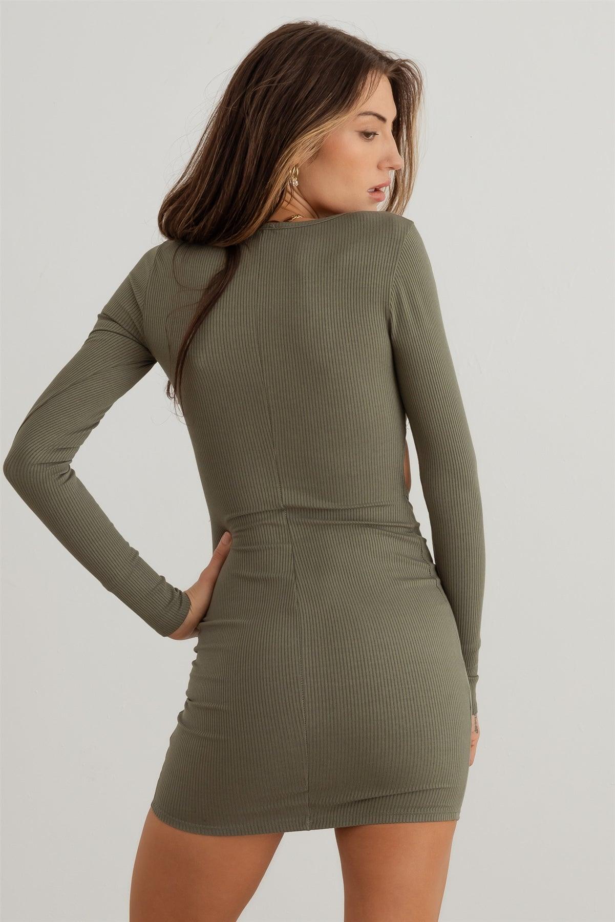 Sage Ribbed Square Neck Cut-Out Front Open Back Mini Dress /2-2-2