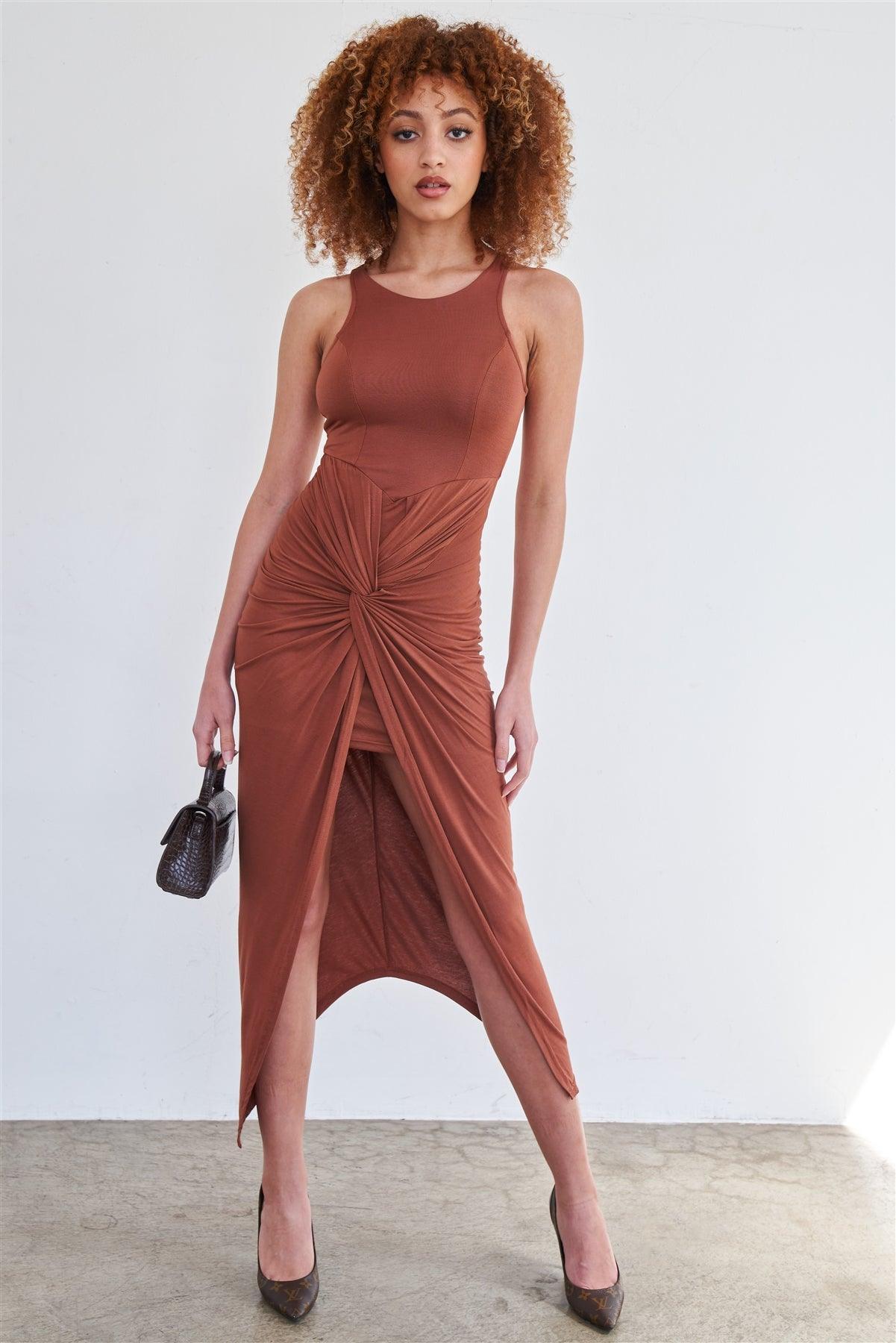 Coffee Sleeveless Knotted Skirt Snatched Midi Body-Con Tank Dress