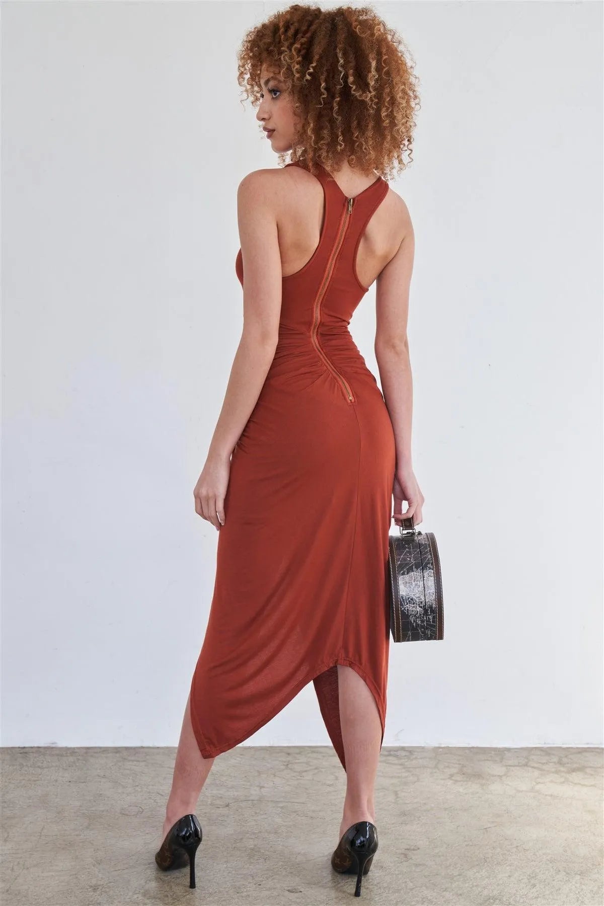 Rust Sleeveless Knotted Skirt Snatched Midi Body-Con Tank Dress /2-2-2 - Tasha Apparel Wholesale