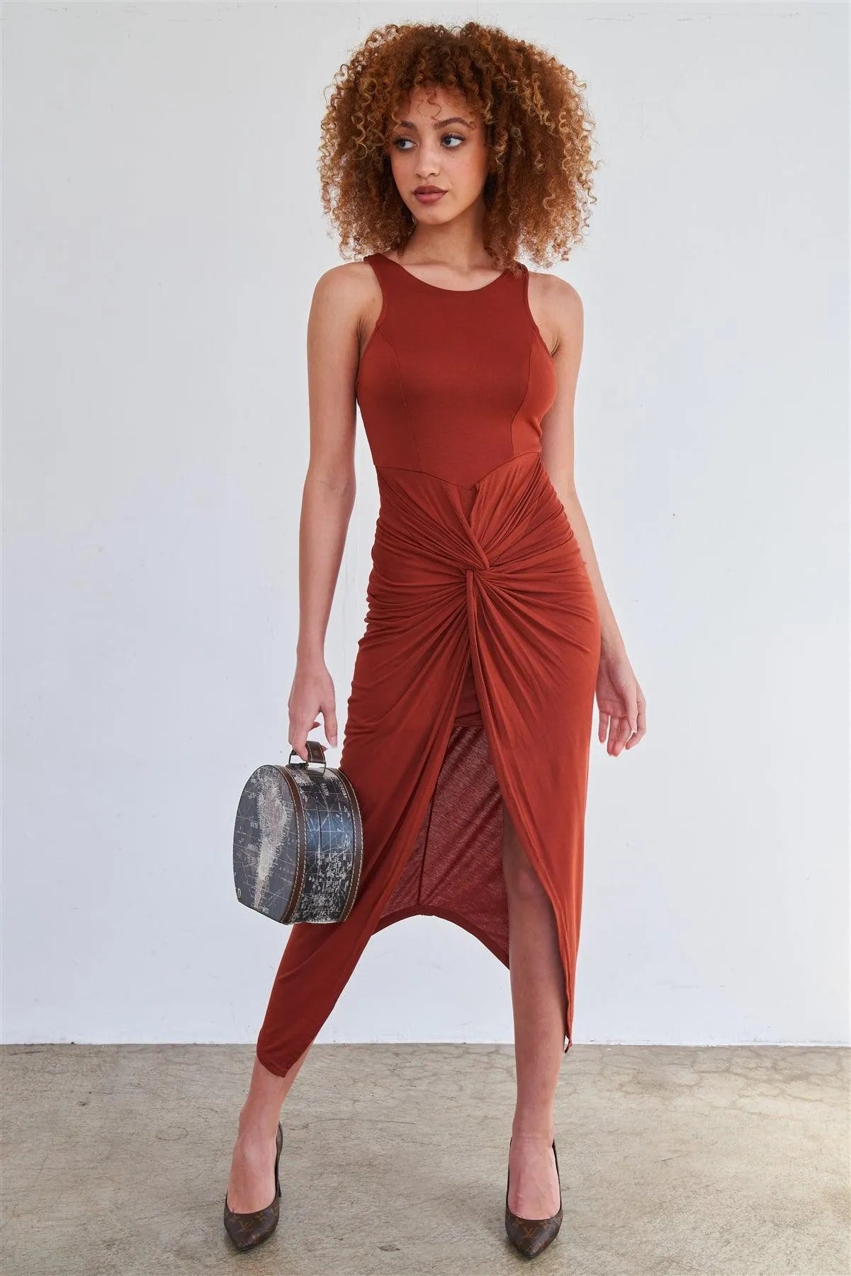 Rust Sleeveless Knotted Skirt Snatched Midi Body-Con Tank Dress /2-2-2 - Tasha Apparel Wholesale