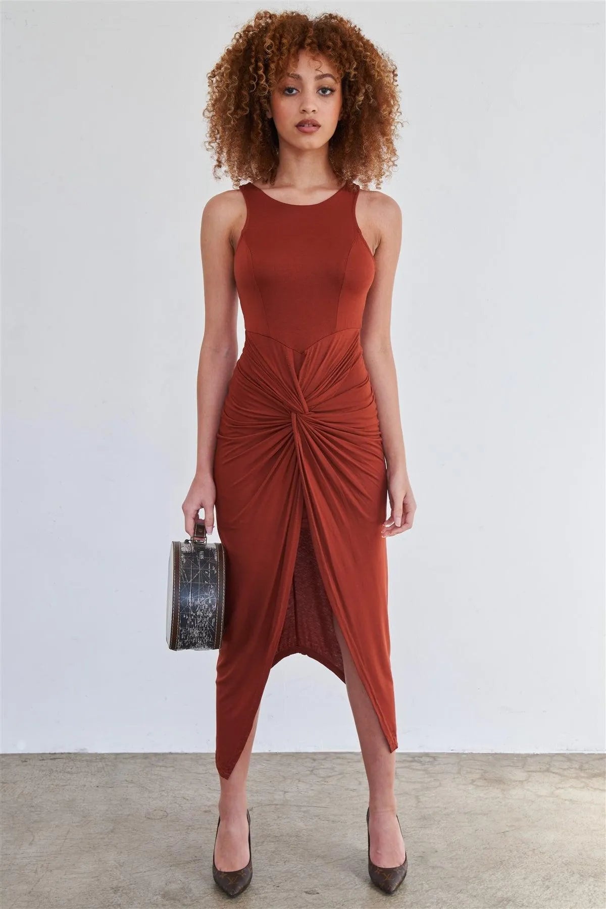 Rust Sleeveless Knotted Skirt Snatched Midi Body-Con Tank Dress /2-2-2 - Tasha Apparel Wholesale