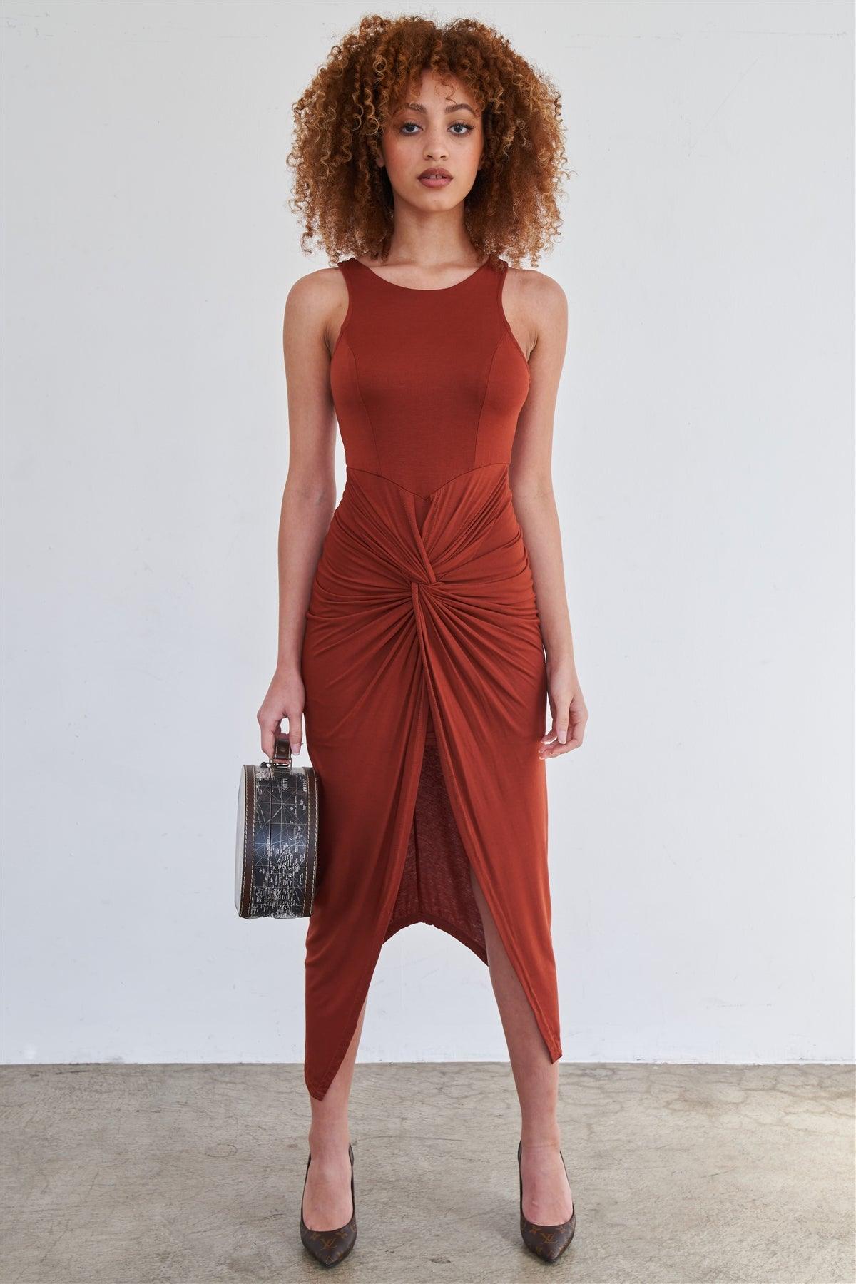 Rust Sleeveless Knotted Skirt Snatched Midi Body-Con Tank Dress