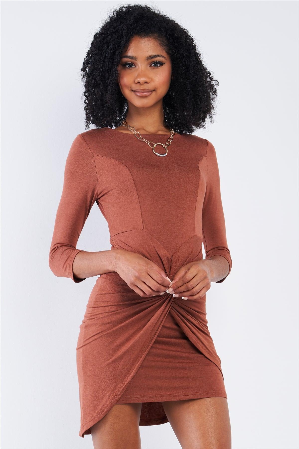 Caramel Coffee Brown Asymmetrical Tight Fit Midi Sleeve Round Neck Front Twist Wrap Detail Mini Dress