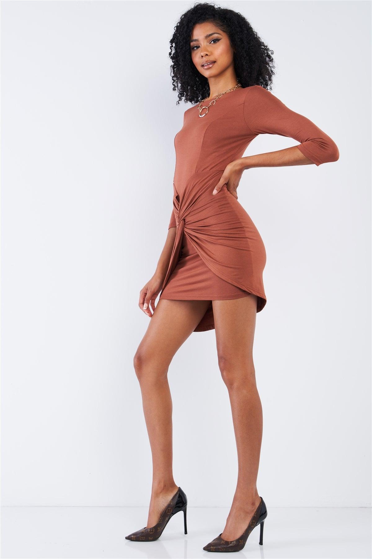 Caramel Coffee Brown Asymmetrical Tight Fit Midi Sleeve Round Neck Front Twist Wrap Detail Mini Dress