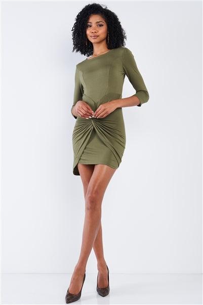 Olive Green Asymmetrical Tight Fit Midi Sleeve Round Neck Front Twist Wrap Detail Mini Dress