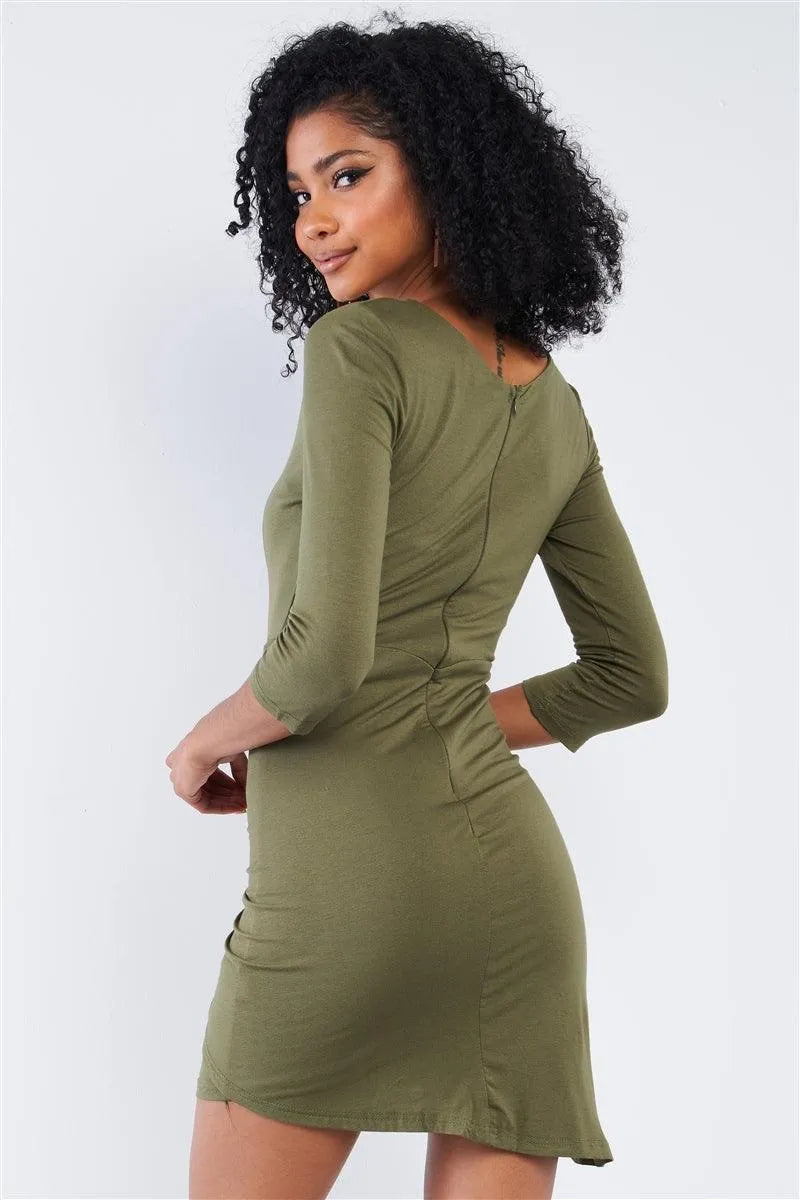 Olive Asymmetrical Tight Fit Front Twist Wrap Detail Mini Dress Olive Asymmetrical Tight Fit Front Twist Wrap Detail Mini Dress