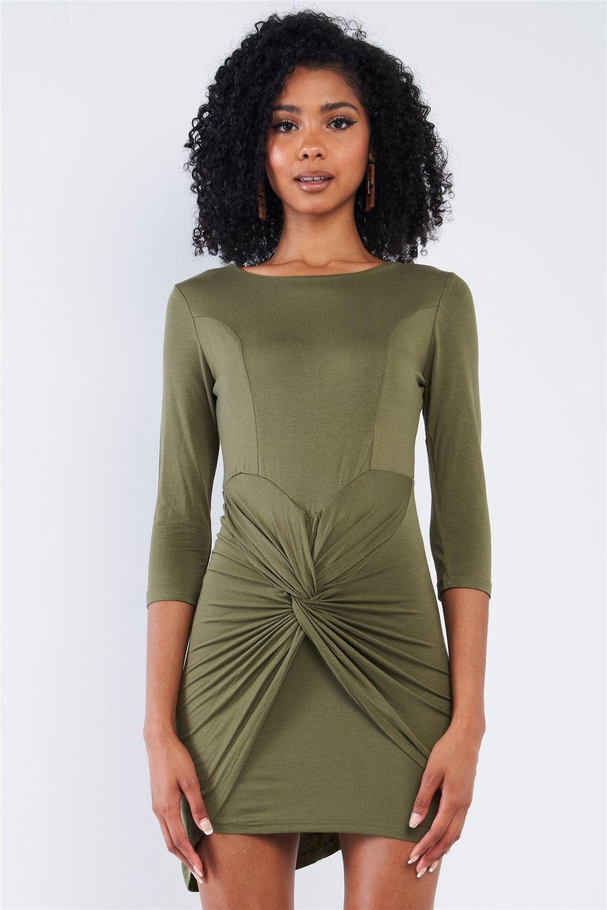 Olive Green Asymmetrical Tight Fit Midi Sleeve Round Neck Front Twist Wrap Detail Mini Dress