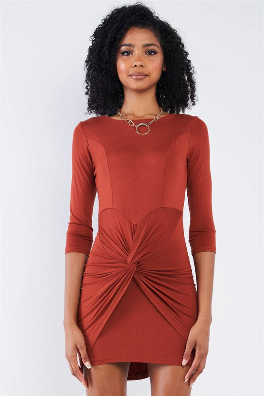 Rust Red Asymmetrical Tight Fit Midi Sleeve Round Neck Front Twist Wrap Detail Mini Dress /2-2-2 - Tasha Apparel Wholesale