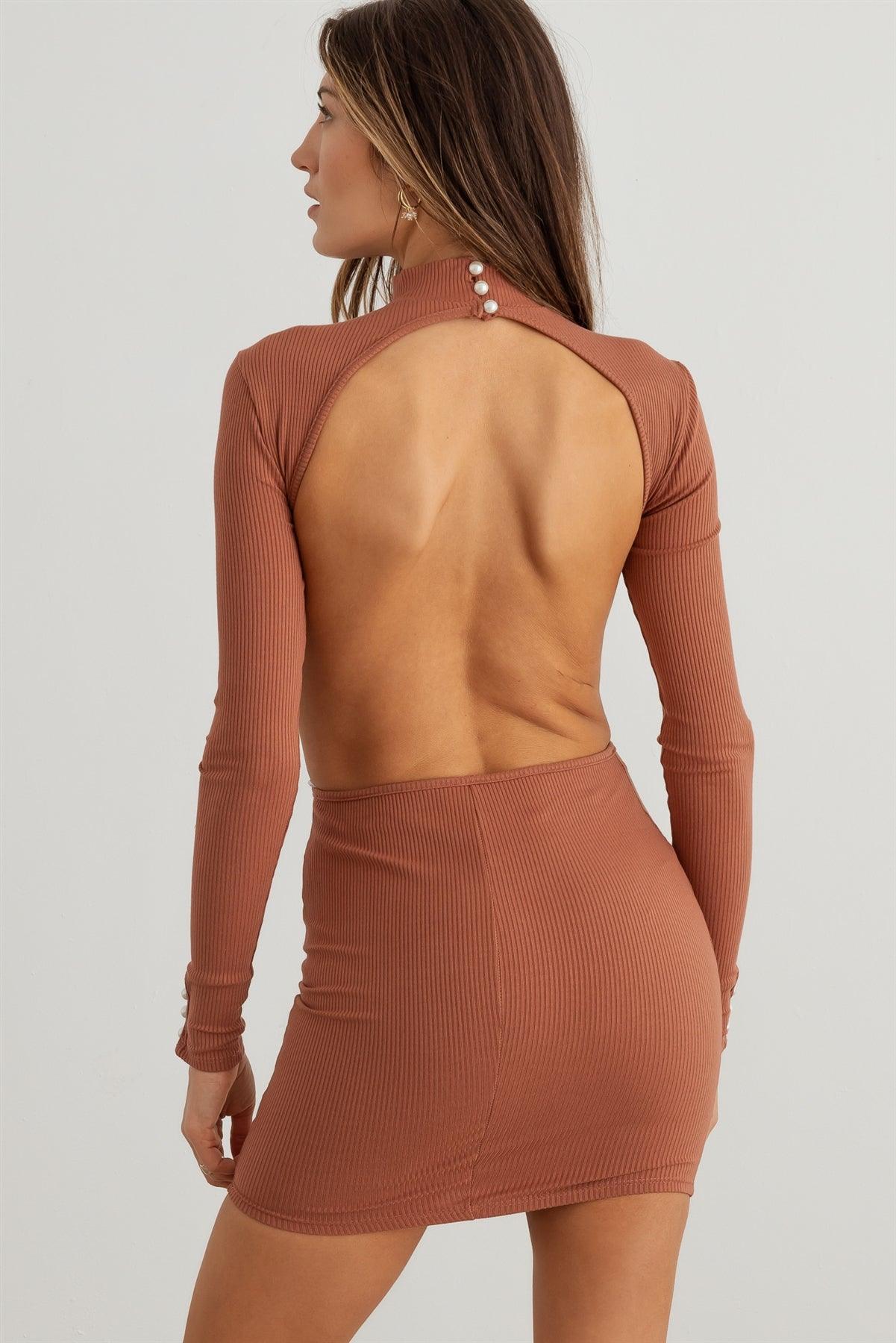 Rust Ribbed Open Back Long Sleeve Mini Dress /2-2-2