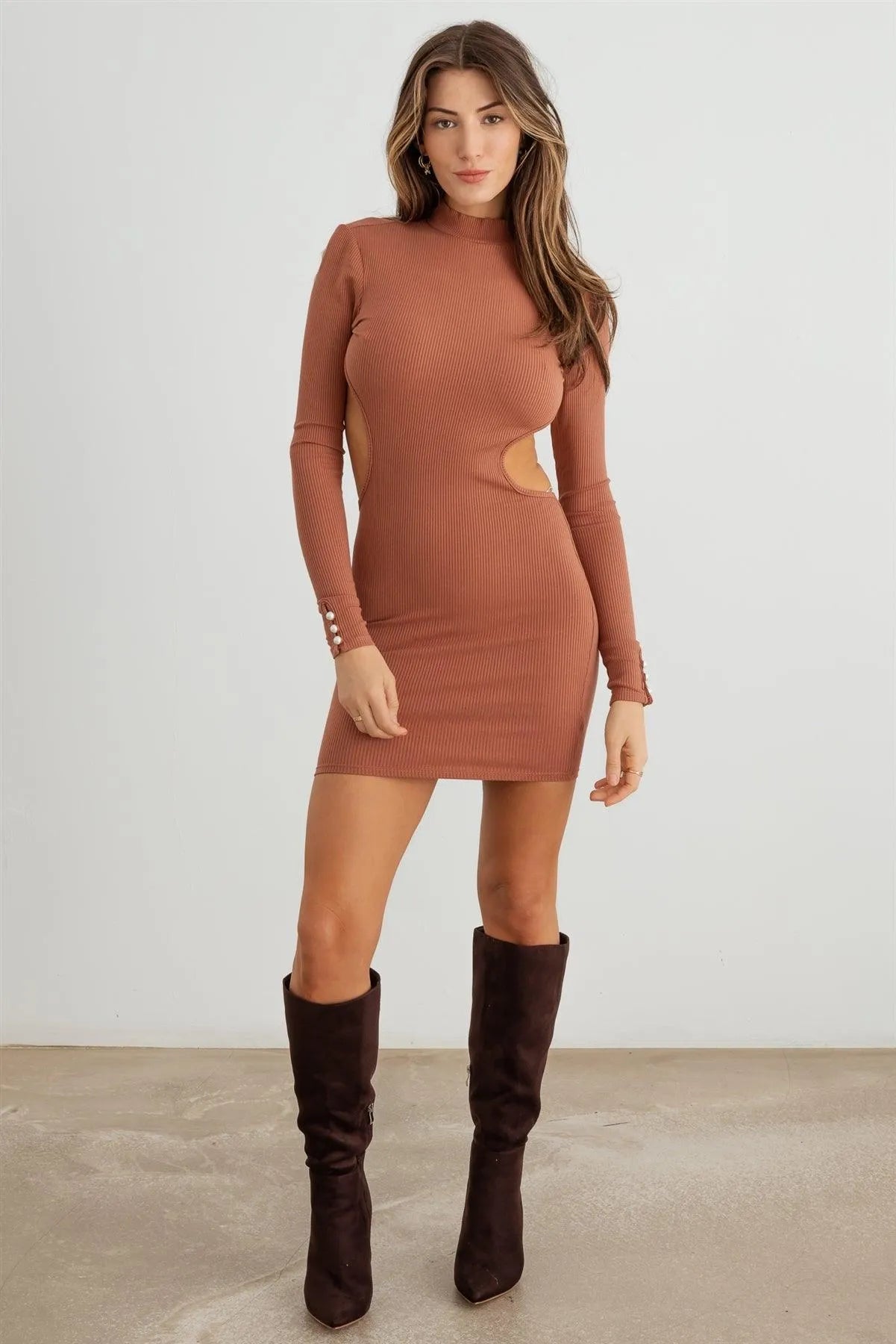 Ribbed Open Back Cut Out Long Sleeve Mini Dress - Tasha Apparel Wholesale