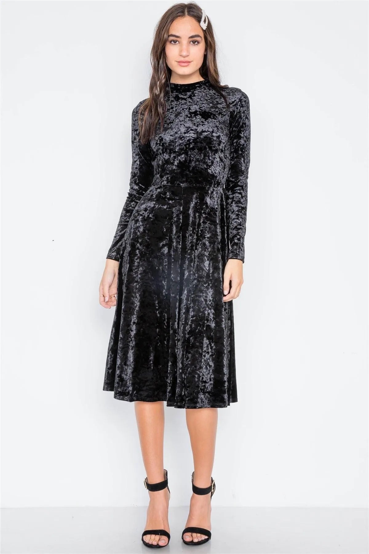 Black Crushed Velvet Long Sleeve A-Line Midi Evening Dress - Tasha Apparel Wholesale