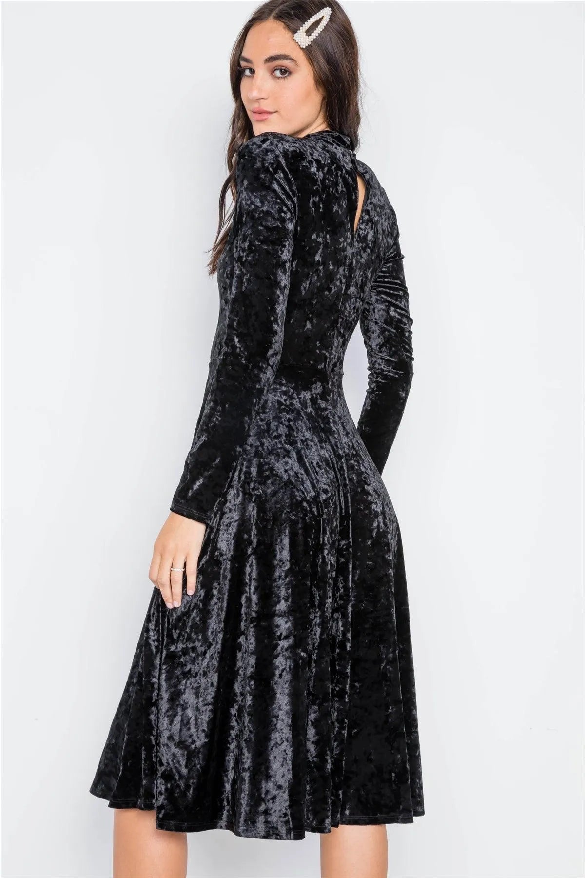 Black Crushed Velvet Long Sleeve A-Line Midi Evening Dress - Tasha Apparel Wholesale