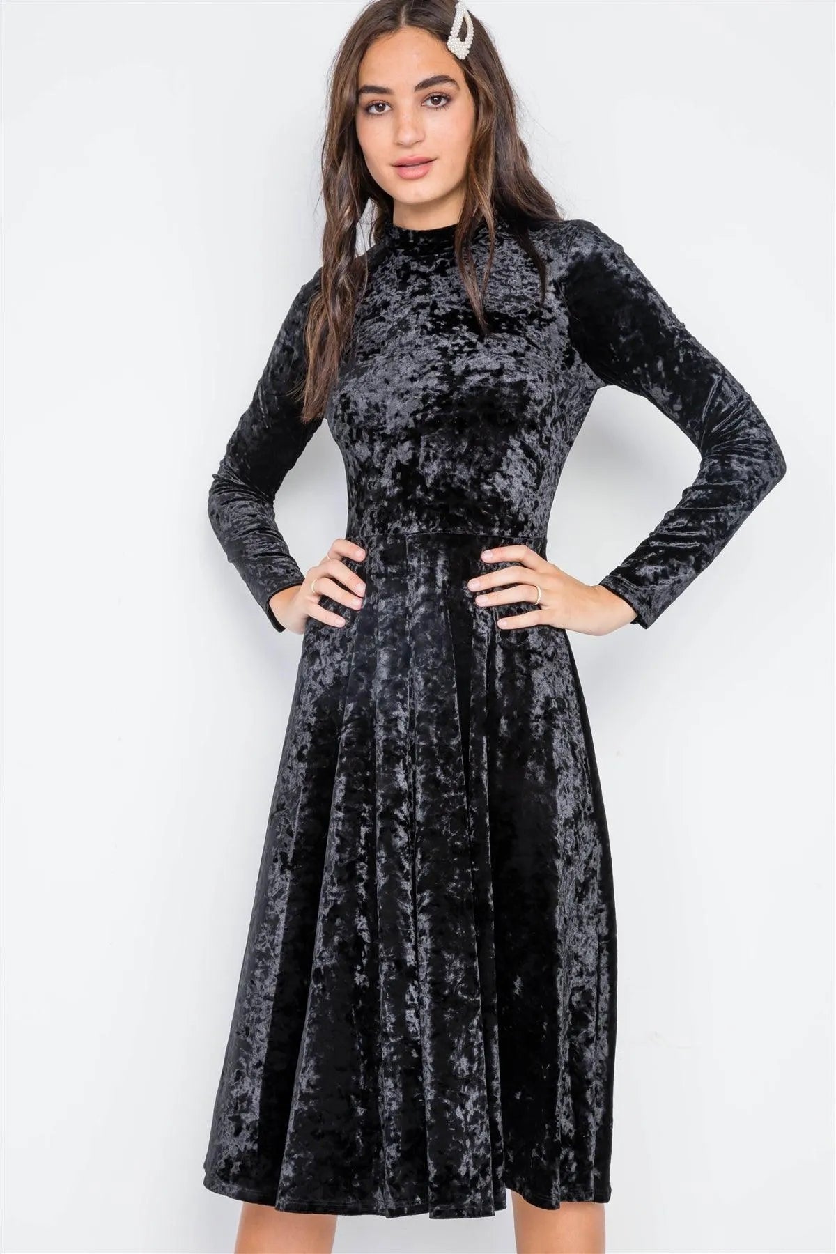 Black Crushed Velvet Long Sleeve A-Line Midi Evening Dress - Tasha Apparel Wholesale