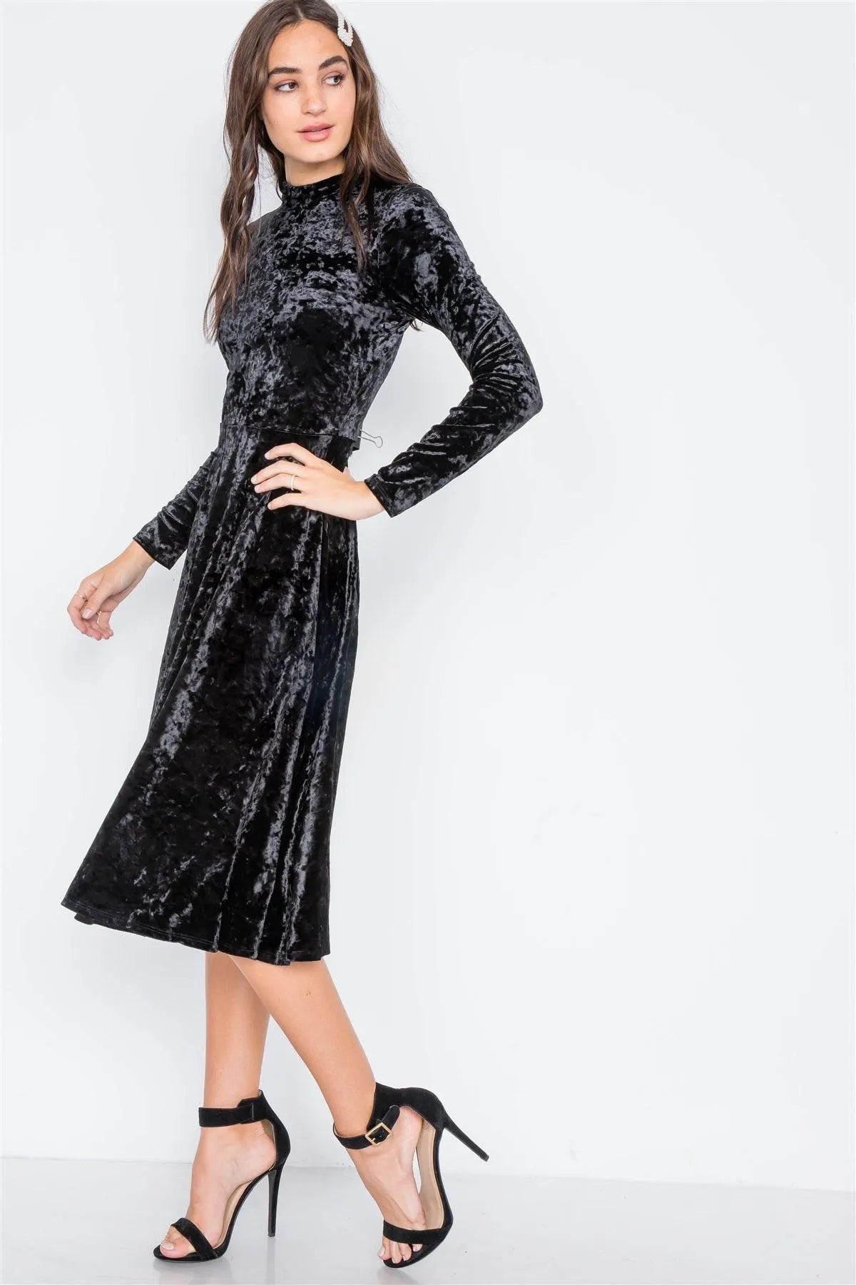 Black Crushed Velvet Long Sleeve A-Line Midi Evening Dress - Tasha Apparel Wholesale