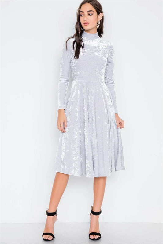 Light Grey Velvet Long Sleeve A-Line Midi Evening Dress - Tasha Apparel Wholesale