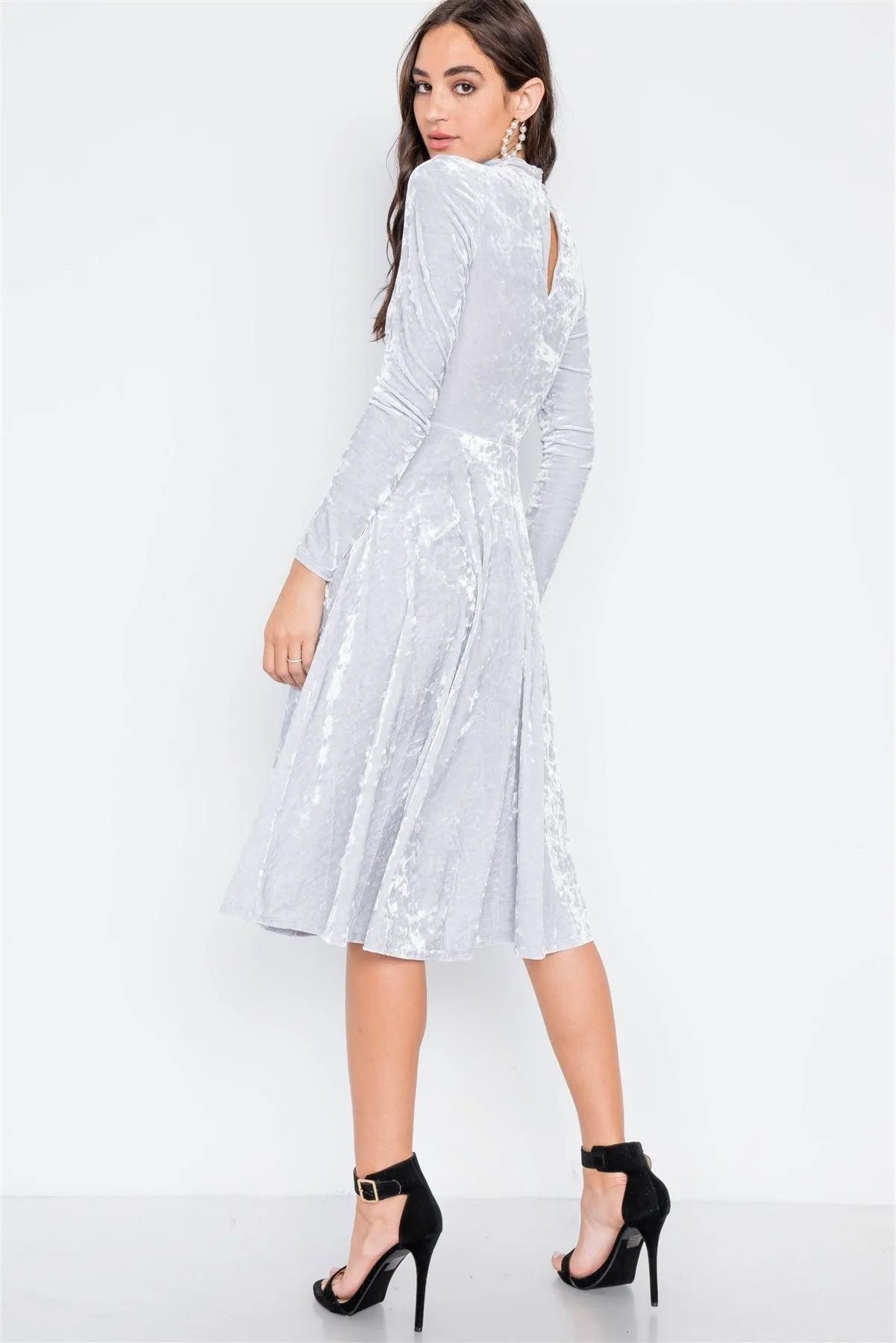 Light Grey Velvet Long Sleeve A-Line Midi Evening Dress - Tasha Apparel Wholesale