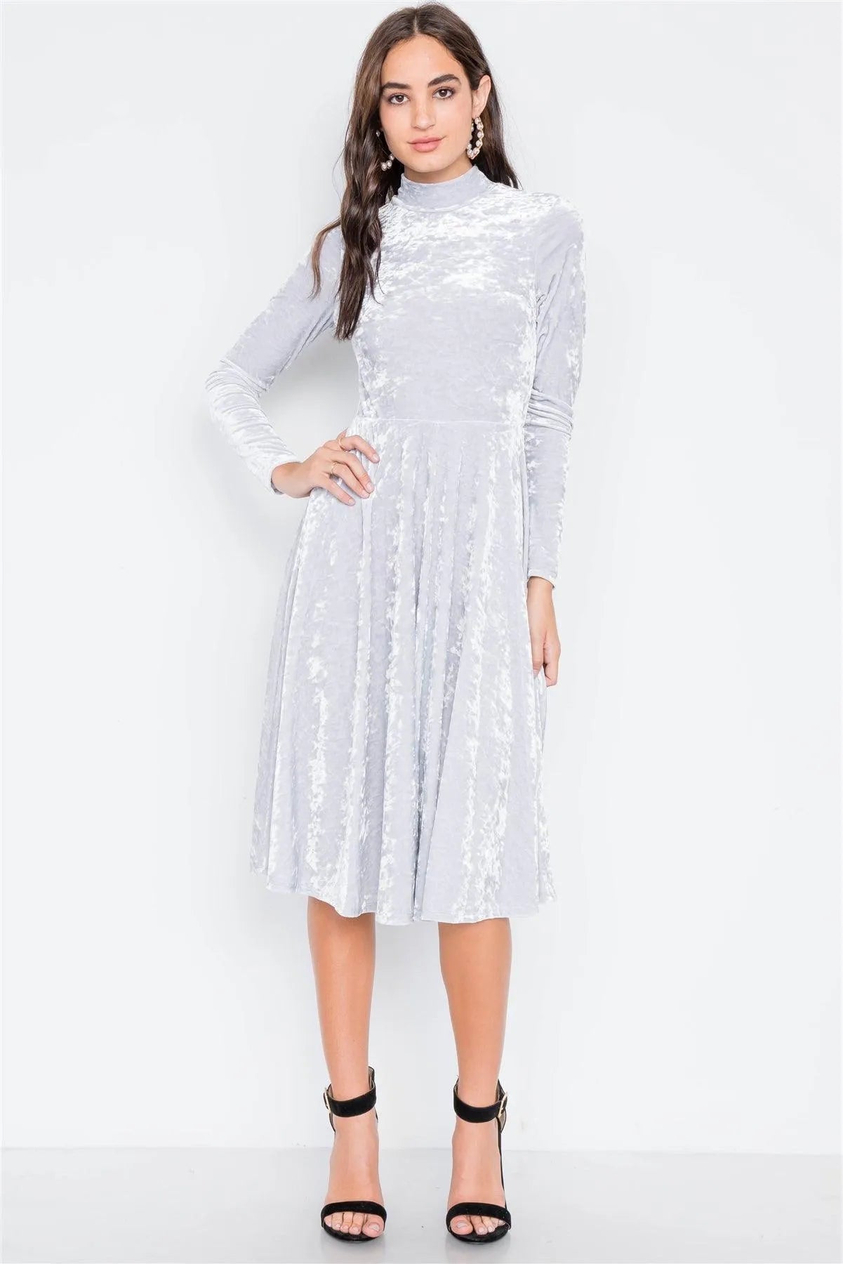 Light Grey Velvet Long Sleeve A-Line Midi Evening Dress - Tasha Apparel Wholesale